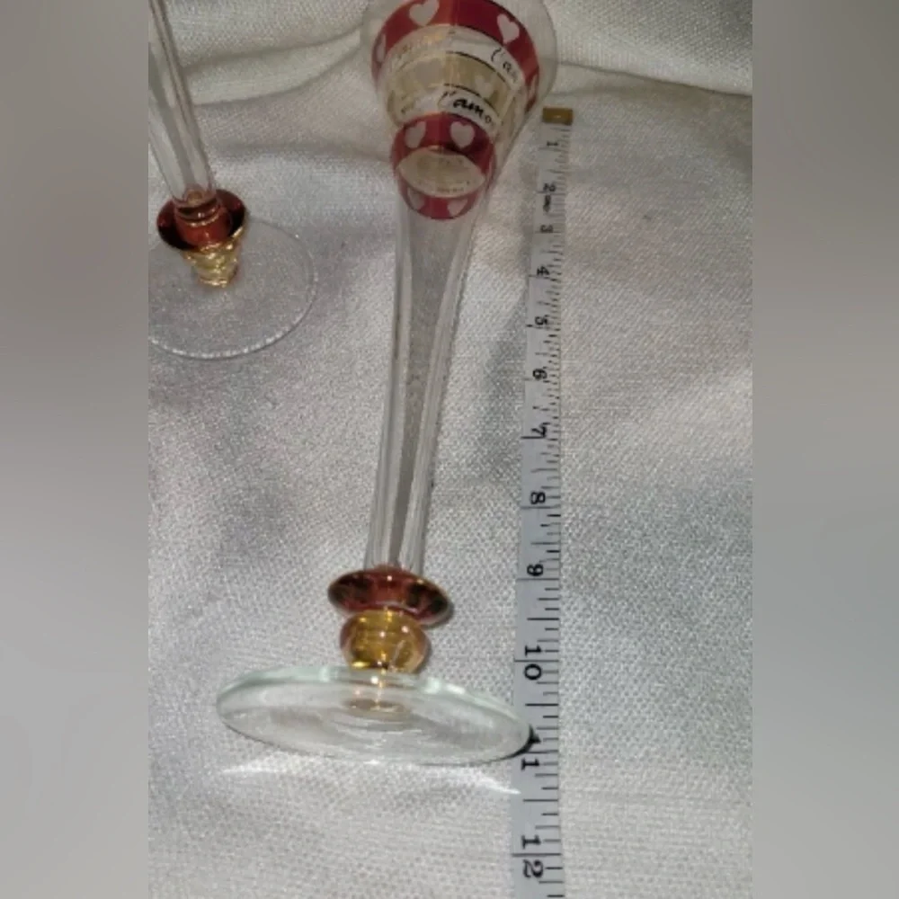 PAIR VINTAGE ETCHED HEARTS RUBY RED FLUTES CHAMPAGNE L'AMOUR 11